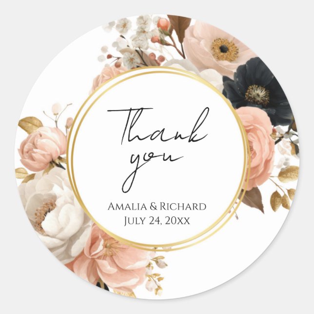 Elegant Floral Personalized “Thank You” Wedding Runder Aufkleber (Vorderseite)