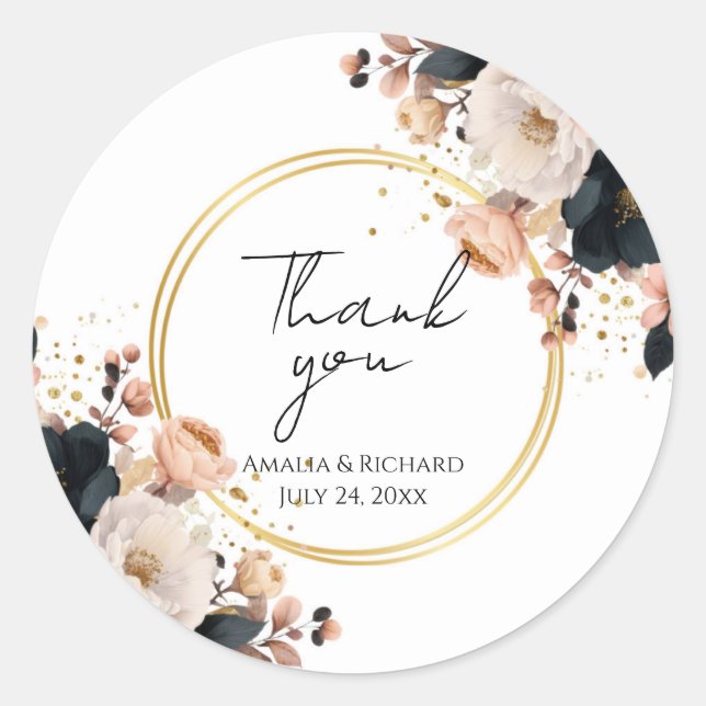 Elegant Floral Personalized “Thank You” Wedding Runder Aufkleber (Vorderseite)