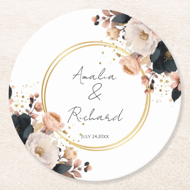 Elegant Floral Personalized Wedding Coasters Runder Pappuntersetzer (Vorderseite)