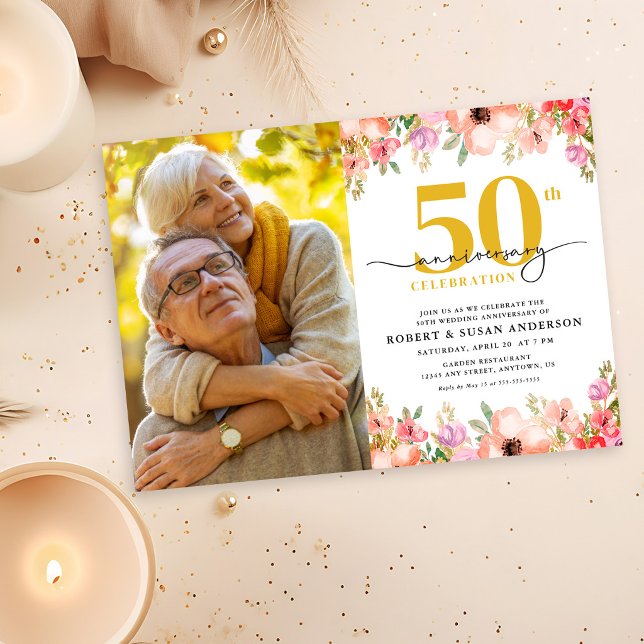 Elegant Floral Photo 50th Wedding Anniversary Einladung (Von Creator hochgeladen)