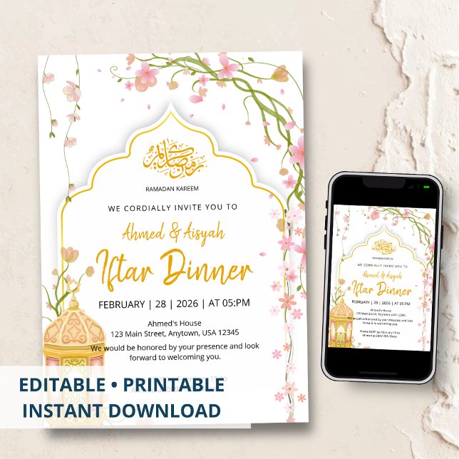 Elegant Floral Pink and Gold Iftar Dinner Ramadan  Einladung (Von Creator hochgeladen)