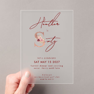 Elegant Floral Pink Glitter Script 60th Birthday Acryleinladungen