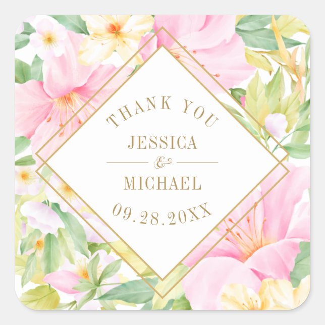 Elegant Floral Pink Green Wedding Vielen Dank Quadratischer Aufkleber (Vorderseite)