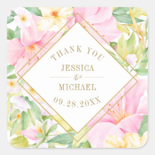Elegant Floral Pink Green Wedding Vielen Dank Quadratischer Aufkleber
