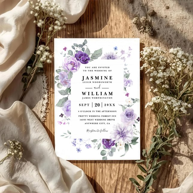 Elegant Floral Purple Rustic QR Code Wedding Einladung (Von Creator hochgeladen)