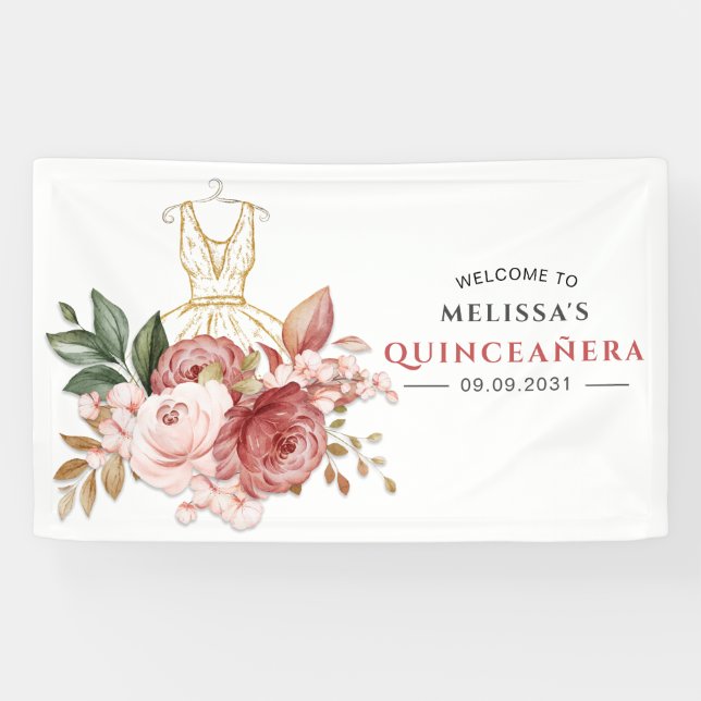 Elegant Floral Quinceanera 15. Geburtstag Banner (Horizontal)