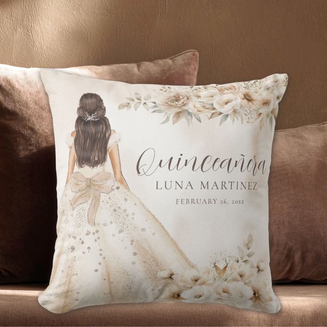 Elegant Floral Quinceañera Watercolor Ballgown Kissen (personalized quinceanara watercolor floral girl in ball gown 15th birthday throw pillow)