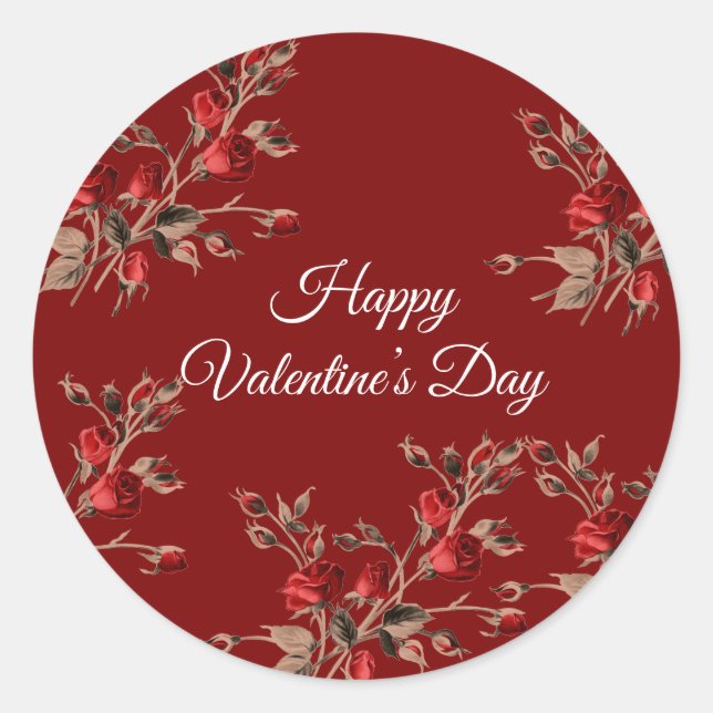 Elegant Floral Red Happy Valentine’s Day  Runder Aufkleber (Vorderseite)