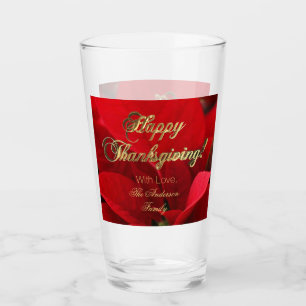 Elegant Floral Red Poinsettia Happy Thanksgiving Glas