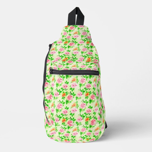 Elegant Floral Roses Green Leaves Pattern-23675 Crossbody Bag (Vorderseite)