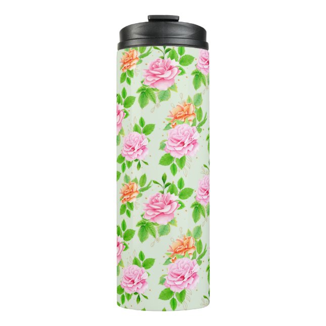 Elegant Floral Roses Green Leaves Pattern-23675 Thermosbecher (Vorderseite)