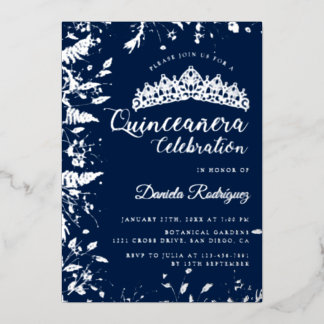 Elegant Floral Royal Blau Botanische Quinceanera Folieneinladung