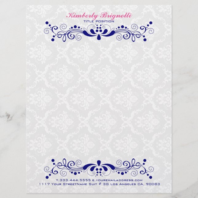 Elegant Floral Royal-Blue Lace White Damasks Briefkopf (Vorderseite)
