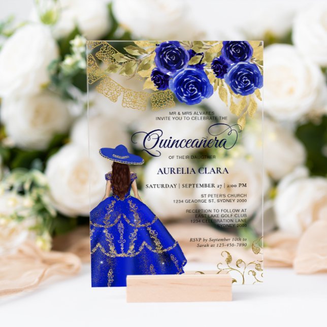 Elegant Floral Royal Blue Mexican Quinceañera Acryleinladungen (Von Creator hochgeladen)