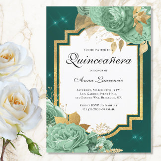 Elegant Floral Sage Green Emerald Quinceanera Einladung