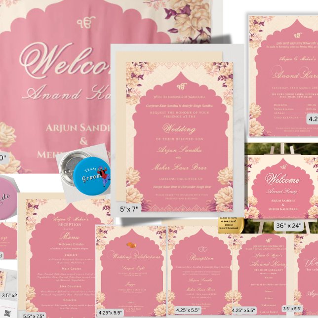 Elegant Floral Sikh Wedding | Punjabi Wedding Einladung (A complete Anand Karaj wedding stationery suite)