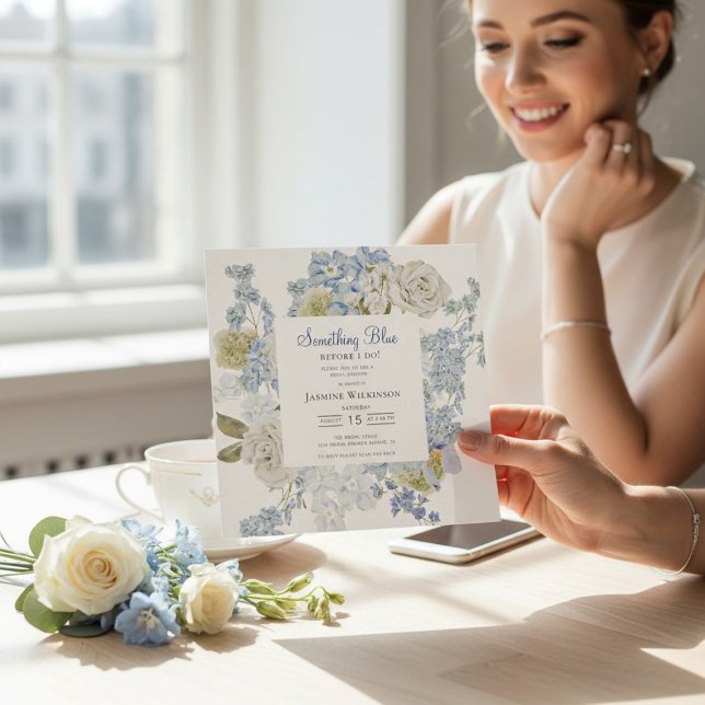 elegant Floral Something Blue Bridal shower QR  Einladung (Von Creator hochgeladen)