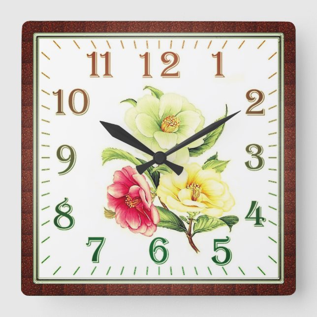 Elegant Floral Square Acrylic Wall Clock Quadratische Wanduhr (Vorderseite)