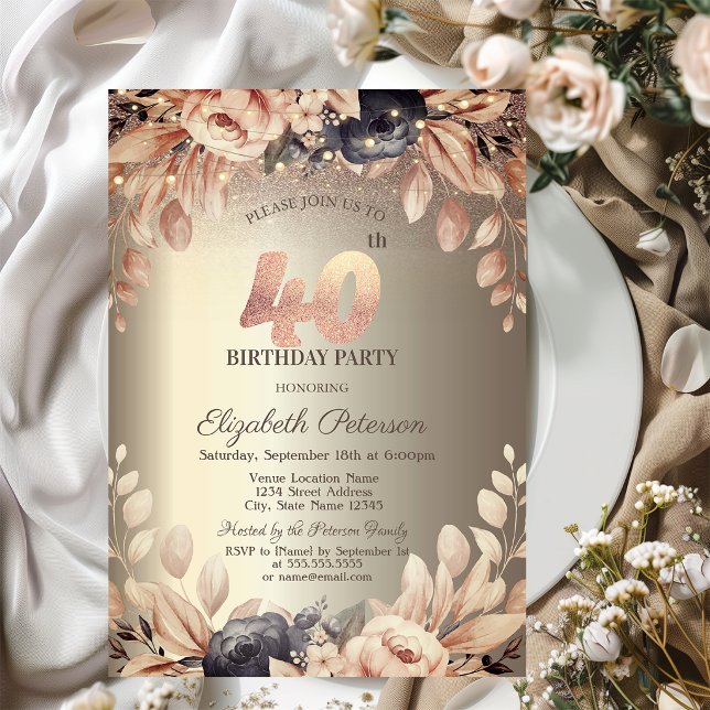 Elegant floral,String Lights 40. Geburtstag Einladung (Von Creator hochgeladen)
