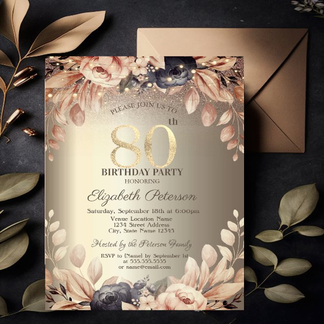 Elegant floral,String Lights 80. Geburtstag Einladung (Von Creator hochgeladen)