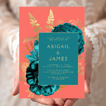 Elegant Floral Teal Blue Coral Gold Wedding