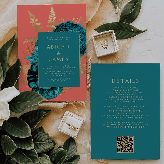 Elegant Floral Teal Gold Coral QR Code Wedding Einladung (Von Creator hochgeladen)