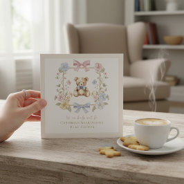 Elegant Floral Teddy pastel baby shower QR code Einladung