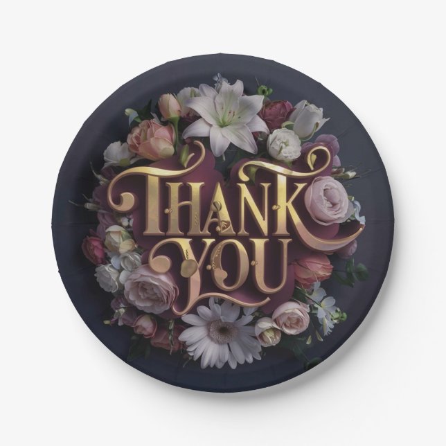 Elegant Floral “Thank You” Gold Lettering Design Pappteller (Vorderseite)