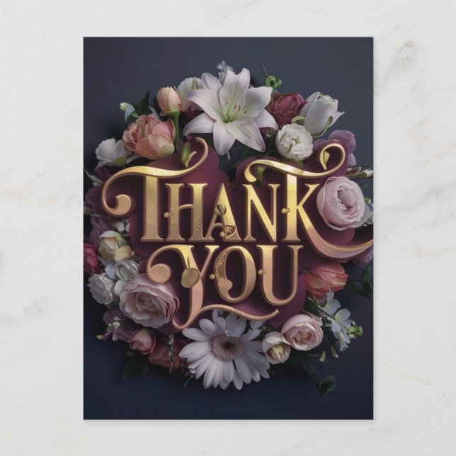 Elegant Floral “Thank You” Gold Lettering Design Postkarte (Vorderseite)