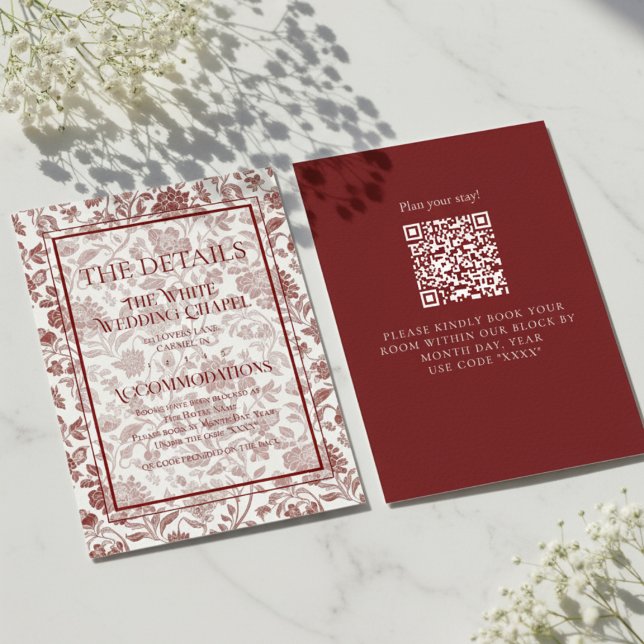 Elegant Floral Toile QR Code Wedding Details Begleitkarte (Formally invite guests to your big day with this Elegant Floral Toile QR Code Wedding Details Card!)