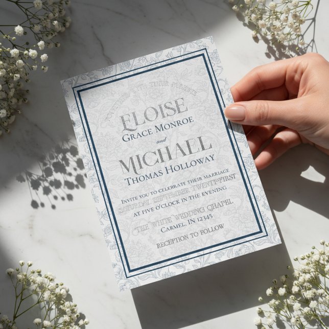 Elegant Floral Toile Script Monogram Blue Wedding Folieneinladung (Formally invite guests to your big day with this Elegant Floral Toile Script Monogram Blue Invite!)