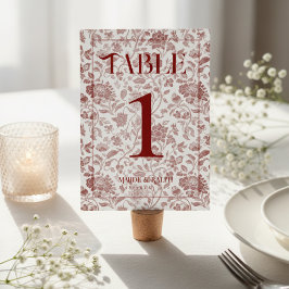 Elegant Floral Toile Script Red Wedding Tischnummer