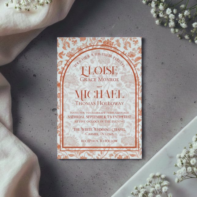Elegant Floral Toile Script Terracotta Red Wedding Einladung (Elegant Floral Toile Script Terracotta Red Wedding Invitation)