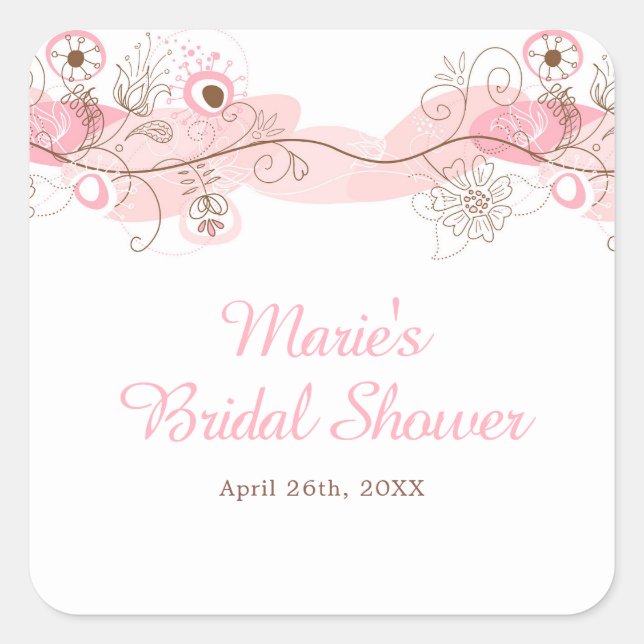 Elegant Floral Twist Bridal Shower in Pink Quadratischer Aufkleber (Vorderseite)