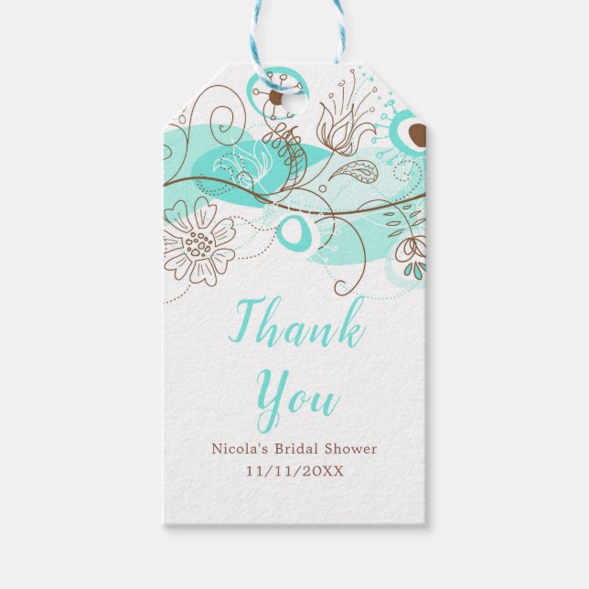 Elegant Floral Twist Bridal Shower in Turquoise Geschenkanhänger (Vorderseite)