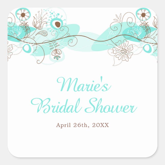 Elegant Floral Twist Bridal Shower in Turquoise Quadratischer Aufkleber (Vorderseite)