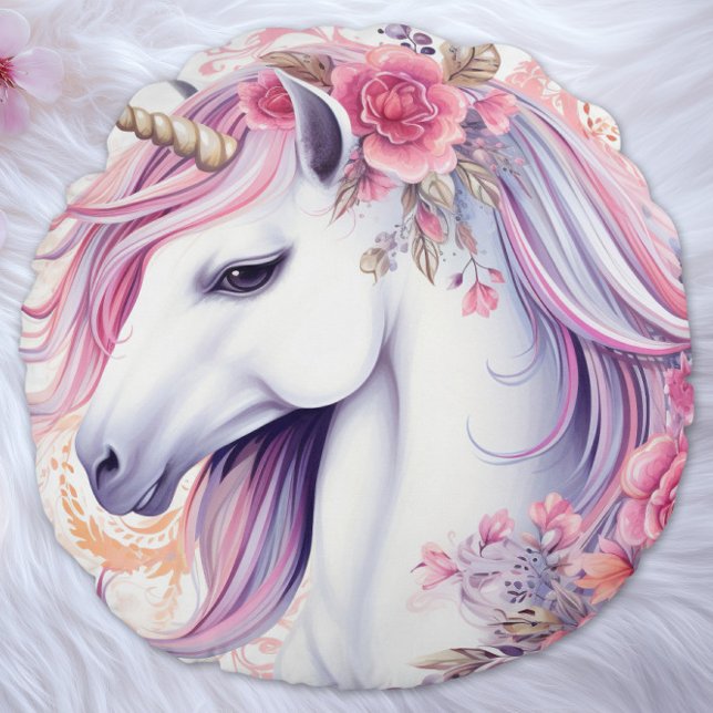 Elegant Floral Unicorn Magic Rundes Kissen (Von Creator hochgeladen)