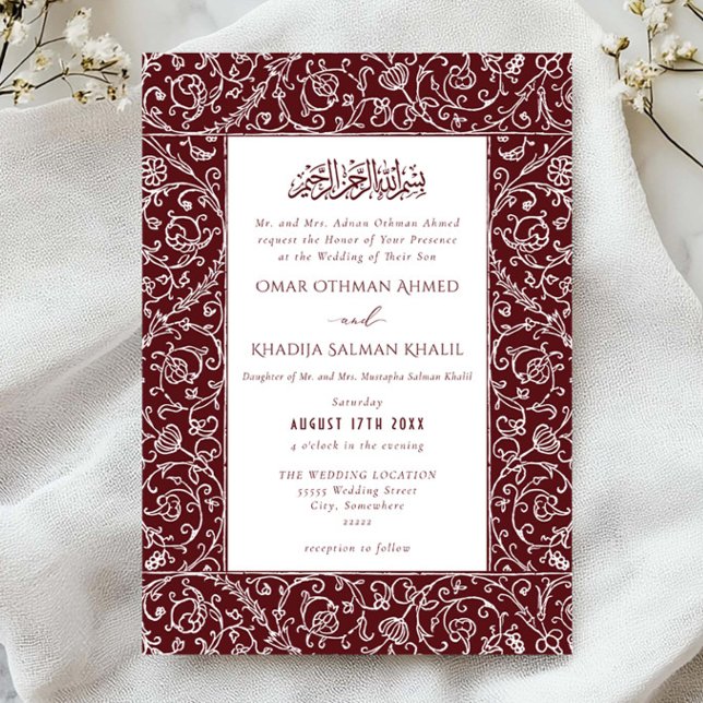 Elegant Floral Vintage Burgundy Islamic Wedding Einladung (Von Creator hochgeladen)