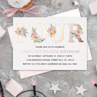 Elegant Floral VIUR 4. Geburtstag Real Folieneinladung