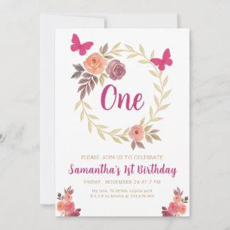 Elegant Floral  Watercolor 1st Birthday Einladung