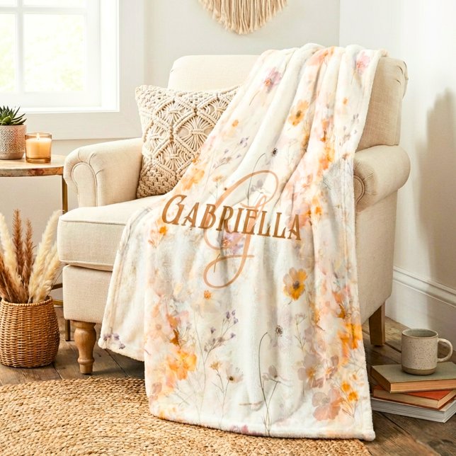 Elegant Floral Watercolor Custom Monogram Fleecedecke (Von Creator hochgeladen)