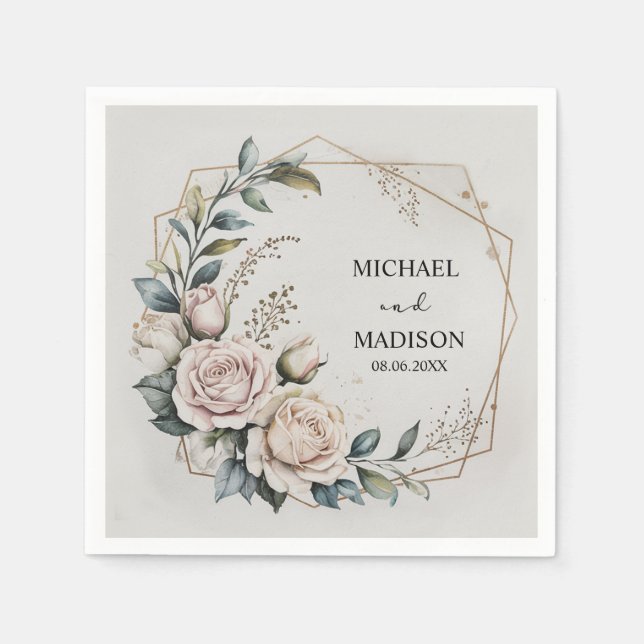 Elegant Floral Wedding Custom Names & Date Gold  Serviette (Vorderseite)