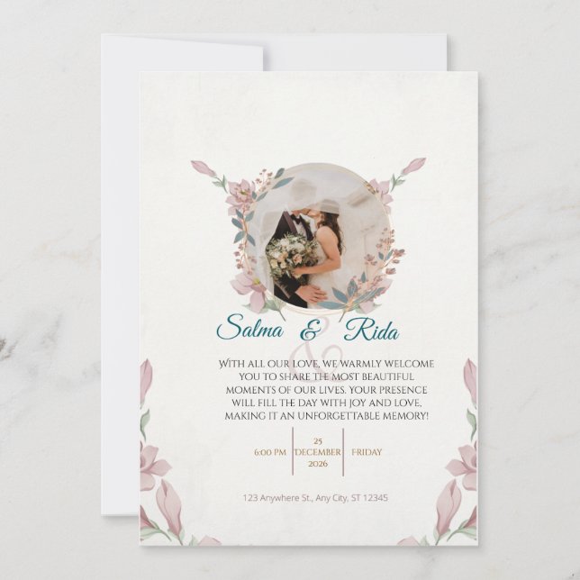 Elegant Floral Wedding Invitation Einladung (Vorderseite)