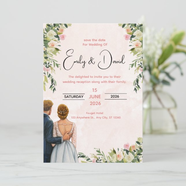 Elegant Floral Wedding Invitation Einladung (Stehend Vorderseite)