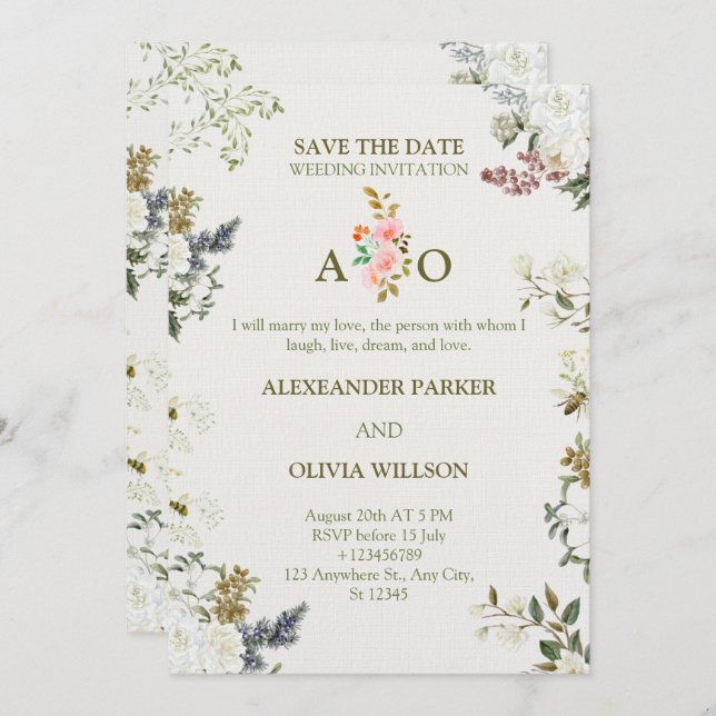 Elegant Floral Wedding Invitation – Modern CARD Einladung (Vorne/Hinten)