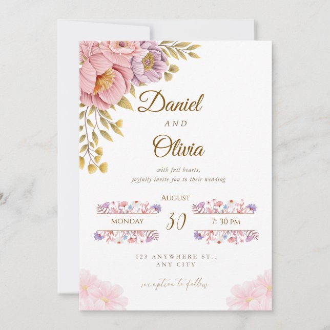 Elegant Floral Wedding Invitation | Romantic Pink  Einladung (Vorderseite)