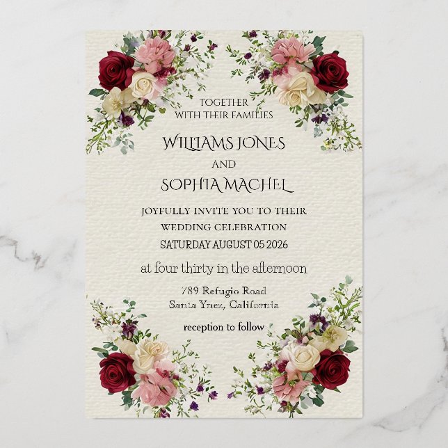 Elegant Floral Wedding Invitation & Timeline Card  Folieneinladung (Vorderseite)