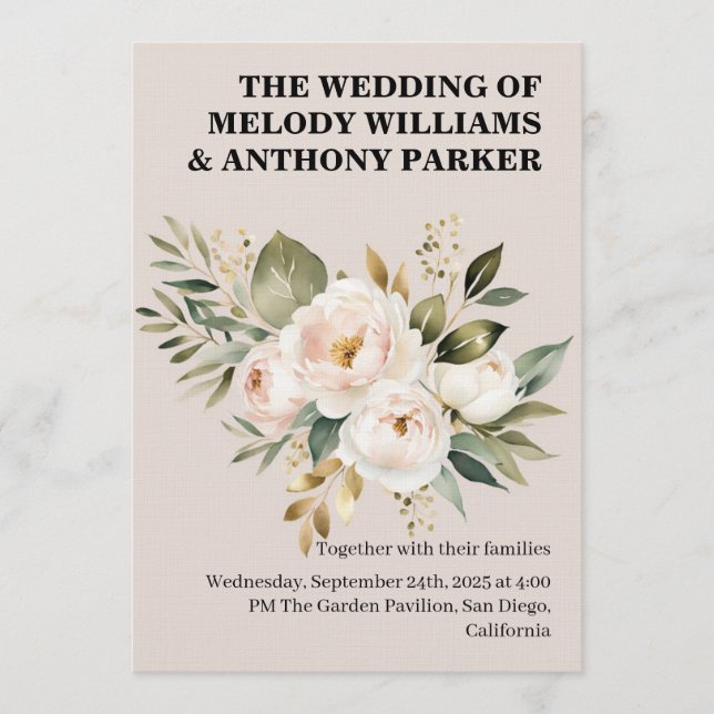 Elegant Floral Wedding Invitation | White Rose & E Einladung (Vorderseite)