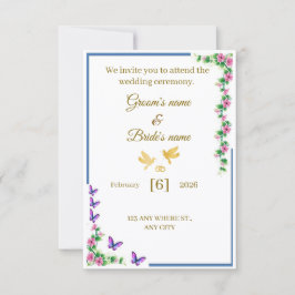Elegant Floral Wedding Invitation with Butterflies Dankeskarte