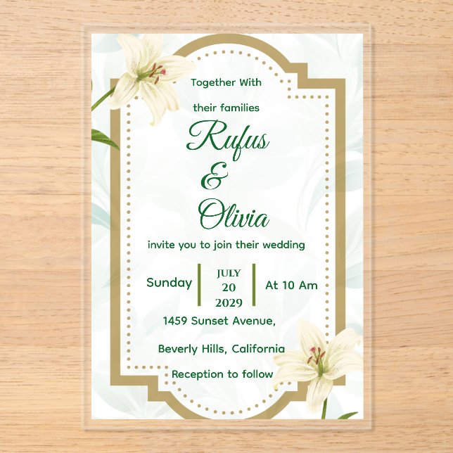 Elegant Floral Wedding Invitation with Gold Frame  Acryleinladungen (Vorderseite)